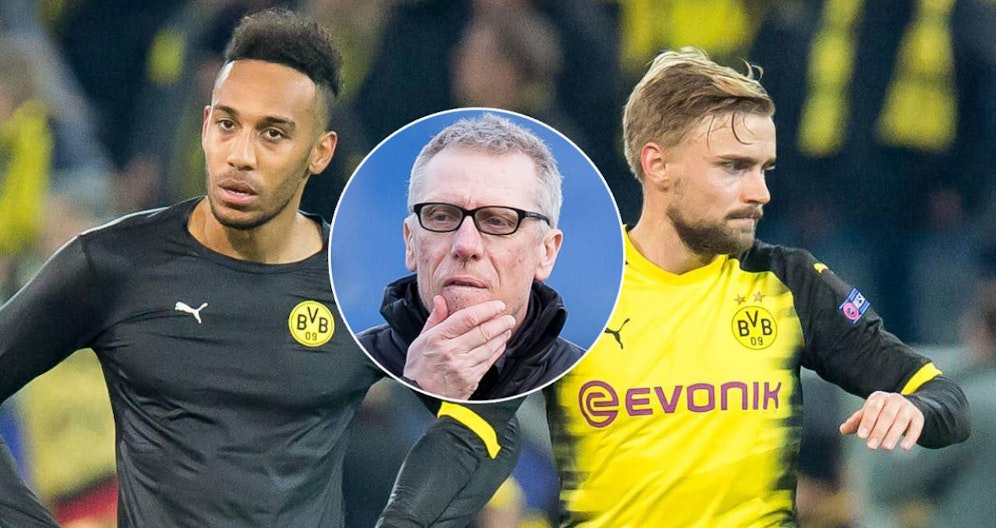 Aubameyang (l.) sorgt für Störfeuer. Schmelzer (r.) ist verärgert, Stöger soll schlichten.