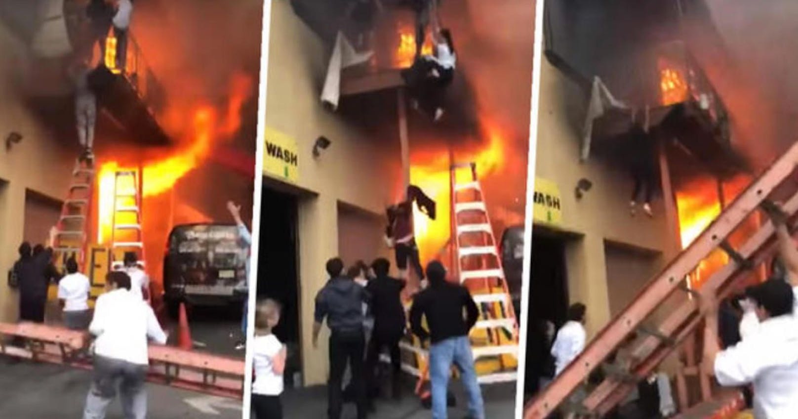 Fast ein Wunder: Obwohl zahlreiche Kinder und Jugendliche vom Balkon springen oder sich abseilen, wird niemand bei dem Feuer in New Jersey (USA) ernsthaft verletzt. 