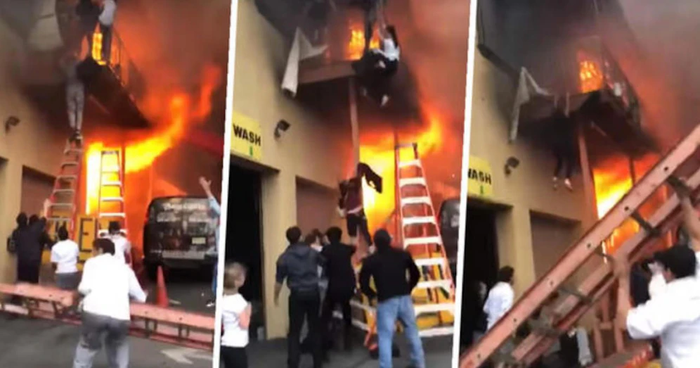 Fast ein Wunder: Obwohl zahlreiche Kinder und Jugendliche vom Balkon springen oder sich abseilen, wird niemand bei dem Feuer in New Jersey (USA) ernsthaft verletzt. 