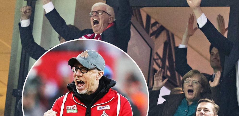 So schön freut sich die deutsche Bundeskanzlerin Angela Merkel mit Kölns Erfolgstrainer Peter Stöger.     Cologne 04 04 2017 Chancellor Angela Merkel CDU of FC Virus infected and cheering with FC President Werner Spinner manager Alexander Wehrle Cologne Cardinal Wölki  