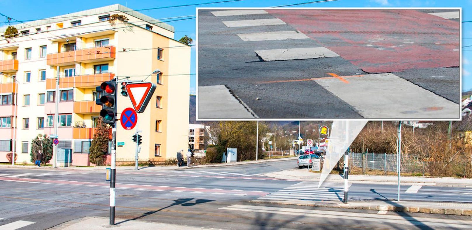 An dieser Kreuzung in Linz-Urfahr passierte der Unfall. Ein Lkw übersah beim Abbiegen die Fußgängerin  ihre Beine wurden überrolt und fast vollständig abgetrennt.