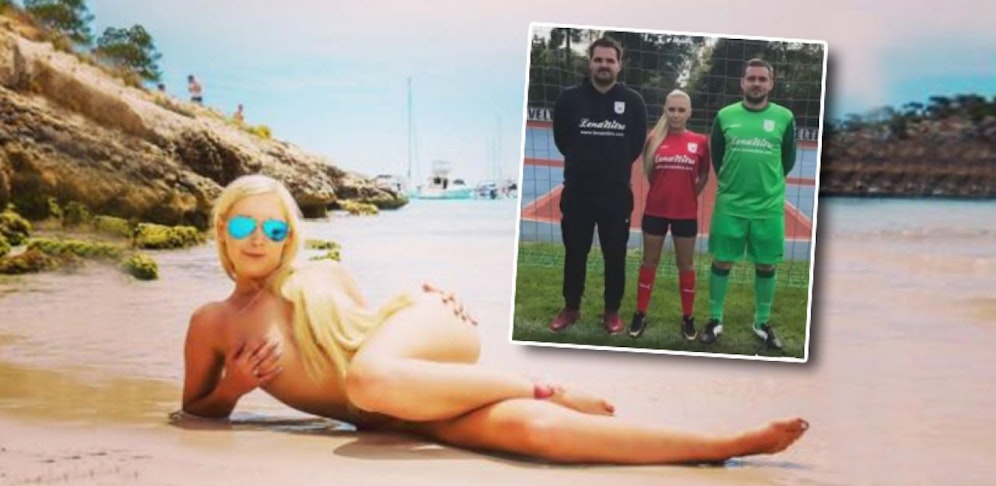 So frivol räkelt sich nur ein Porno-Star! Lena Nitro ist jetzt stolzer Trikotsponsor des SV Oberwürzbach.  