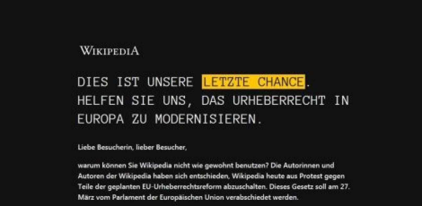 Wikipedia schaltete sämtliche deutschsprachige Artikel ab, um auf die Copyright-Problematik hinzuweisen.