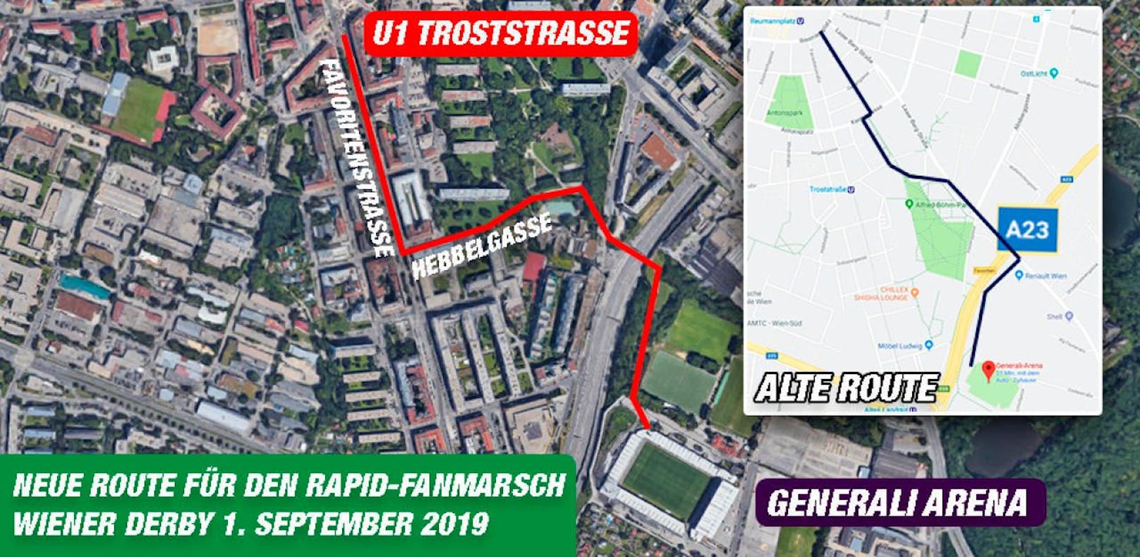 Die neue Derby-Route ist diesmal kürzer und führt von der Troststraße zur Generali Arena.
