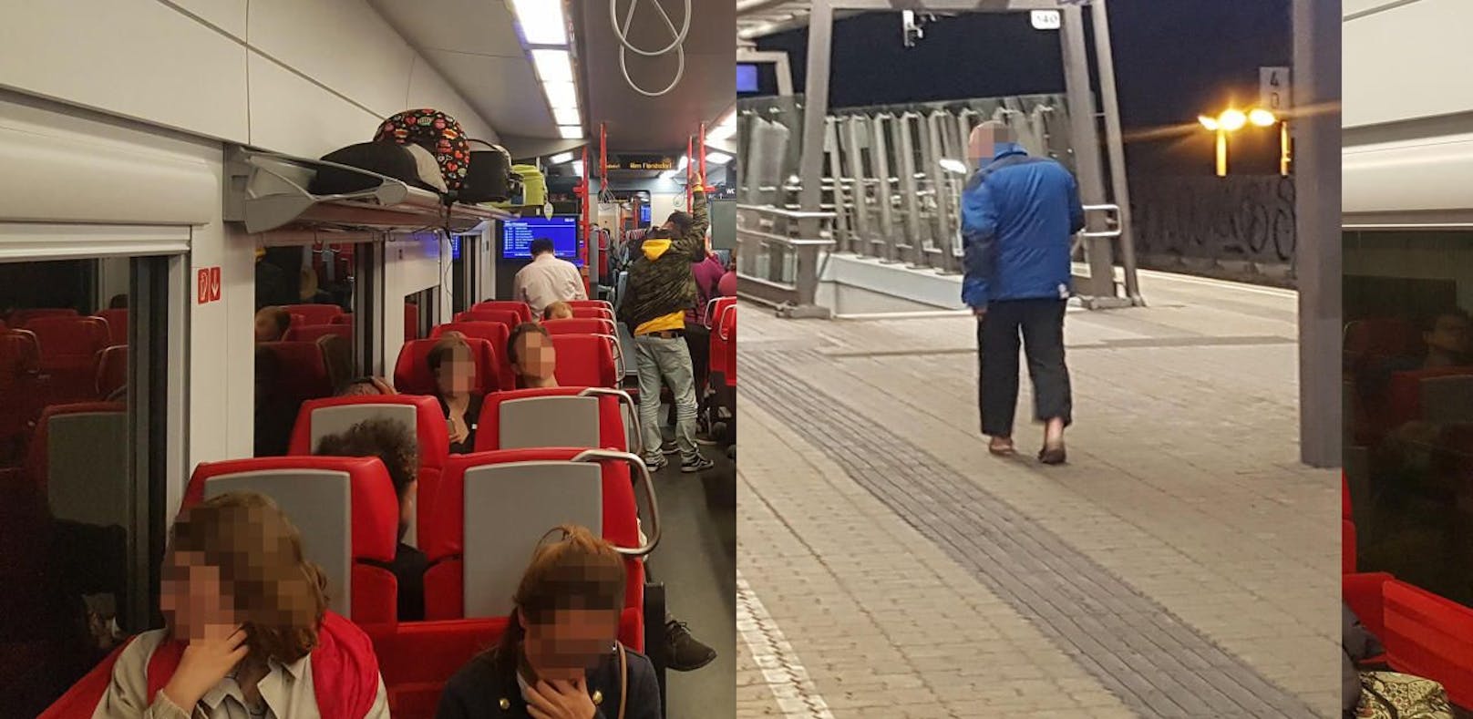 Fahrgäste zeigten sich empört über rassistische Rülpser von Passagier (r. blaue Jacke kurz nach dem Aussteigen).