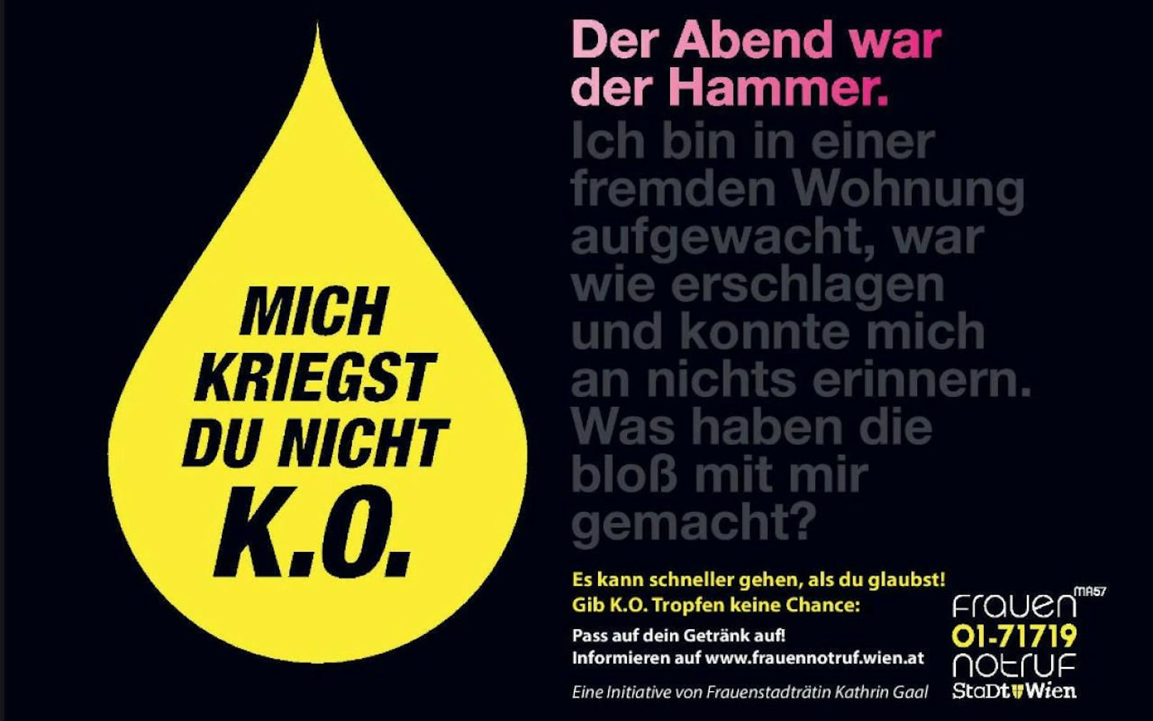 Mit einer neuen Kampagne will die Stadt Wien mehr Bewusstsein für das Thema K.O. Tropfen schaffen. (c) MA57