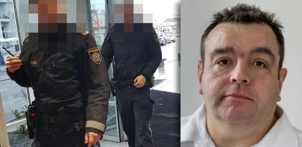 Wolfgang S. wurde von zwei Polizisten aus der Filiale begleitet.