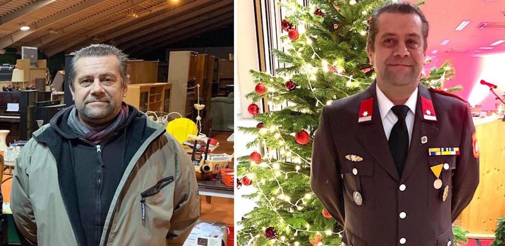 Franz Lechner in seinem Sozialkaufhaus in Wr. Neustadt (li.) und in Festuniform der Freiwilligen Feuerwehr