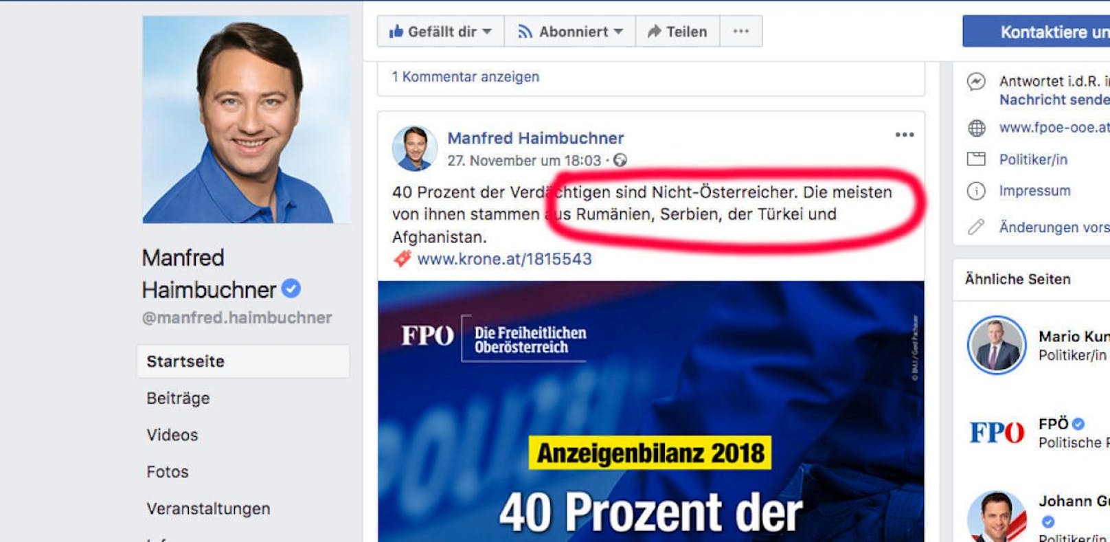 Bei seinem Facebook-Posting vergaß Haimbuchner offenbar, die zweitgrößte Gruppe der ausländischen Tatverdächtigen zu nennen: nämlich die Deutschen.