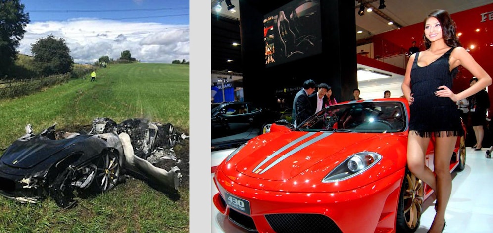 Finden Sie den Fehler (außer der Farbe)? Rechts ein nagelneuer Ferrari F430 Scuderia, links nachdem ihn ein Brite eine Stunde lang gefahren hatte. Immerhin kam er aus dem Wrack lebend raus!