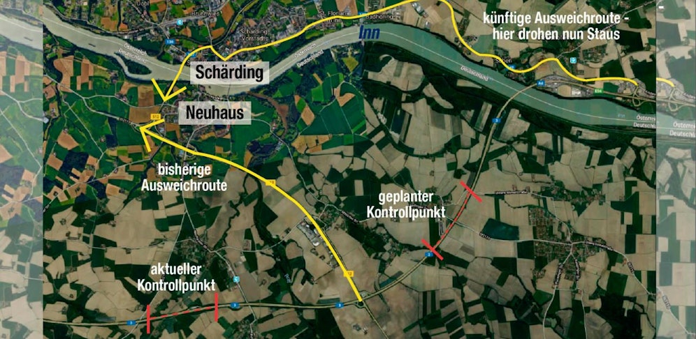 Die Graphik zeigt die bisherige Ausweichroute, um dem Stau (wegen der Kontrollen) zu entkommen. Und die wahrscheinliche neue Ausweichroute über Schärding  sollte der Kontrollpunkt näher an die oö. Grenze verlegt werden.