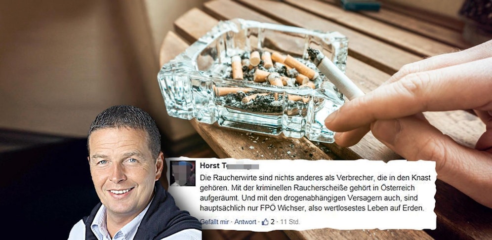 FP-Politiker Toni Mahdalik zeigt einen Hassposter an.