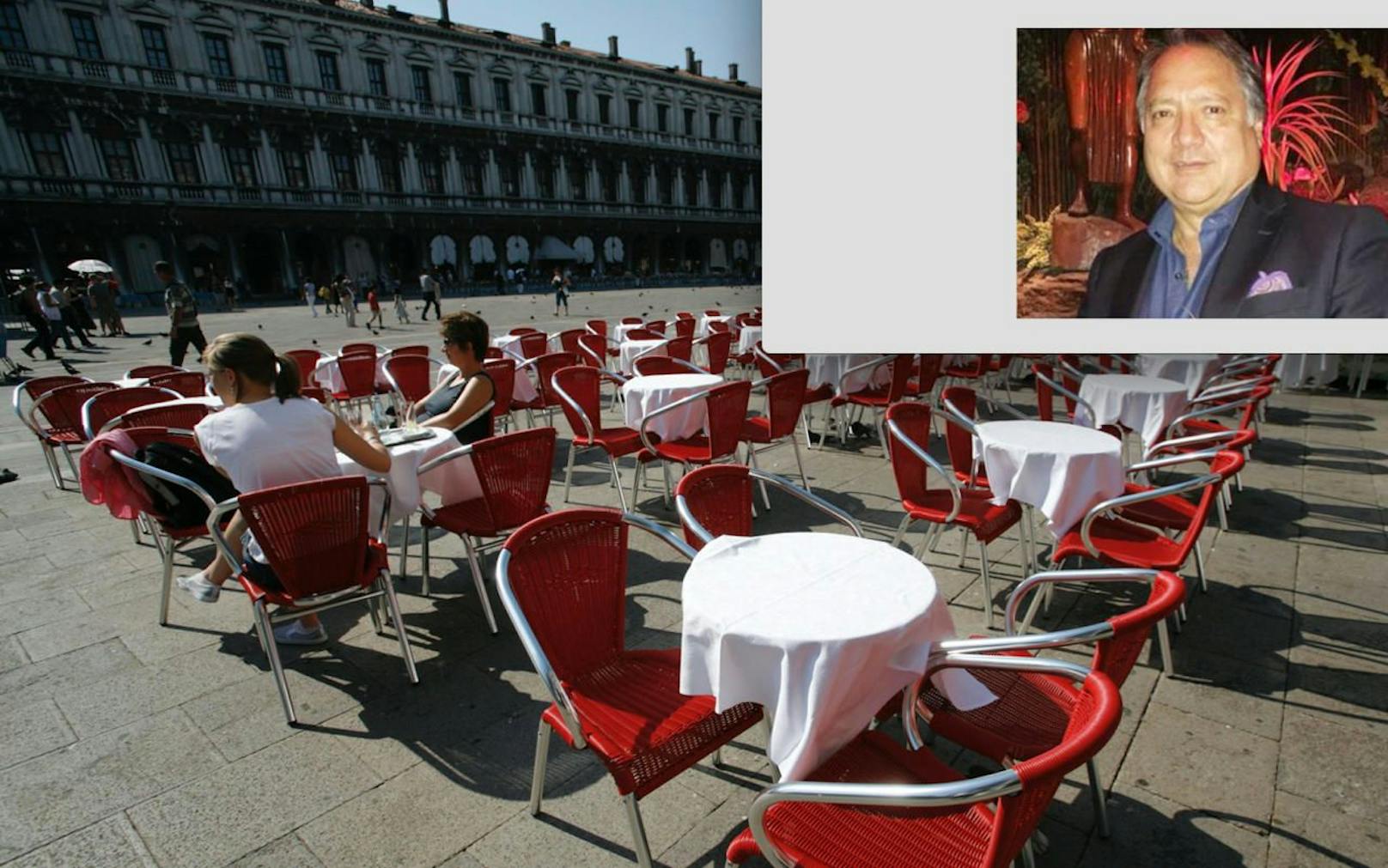 Abgecasht: Urlauber Juan Carlos Bustamente (62) musste in einem Café am Markusplatz in Venedig viel zu viel bezahlen.