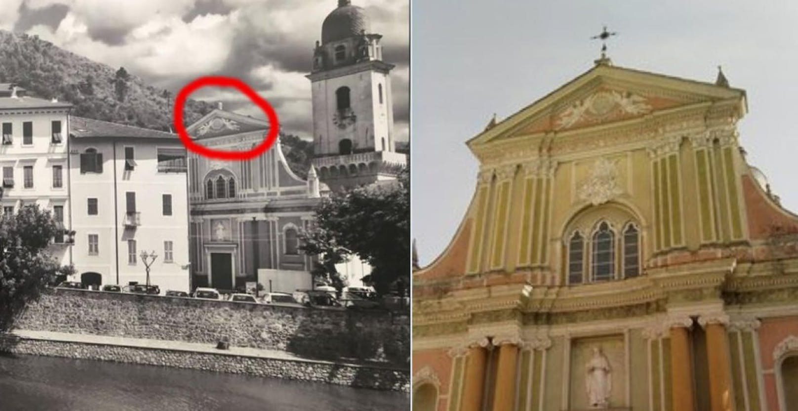 Das Kreuz mit dem Kreuz: Lidl hängte Werbefotos mit der Kirche in Dolceacqua (Italien) in eine Filiale, auf denen etwas ganz wichtiges fehlt...
