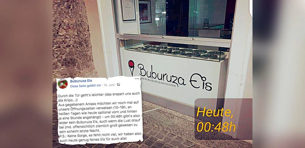 Unbekannter versuchten in den bekannten Eissalon Buburuza einzubrechen, scheiterten aber an der Glasscheibe. 