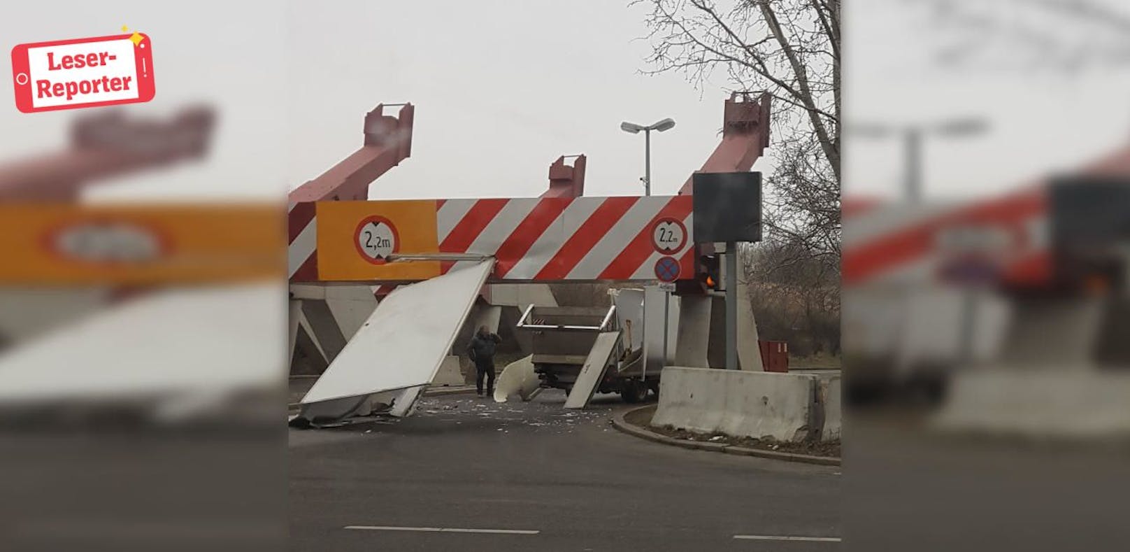 Ärgerlicher Crash in Wien-Donaustadt: 2,2 Meter waren eindeutig zu wenig für den Transporter. 