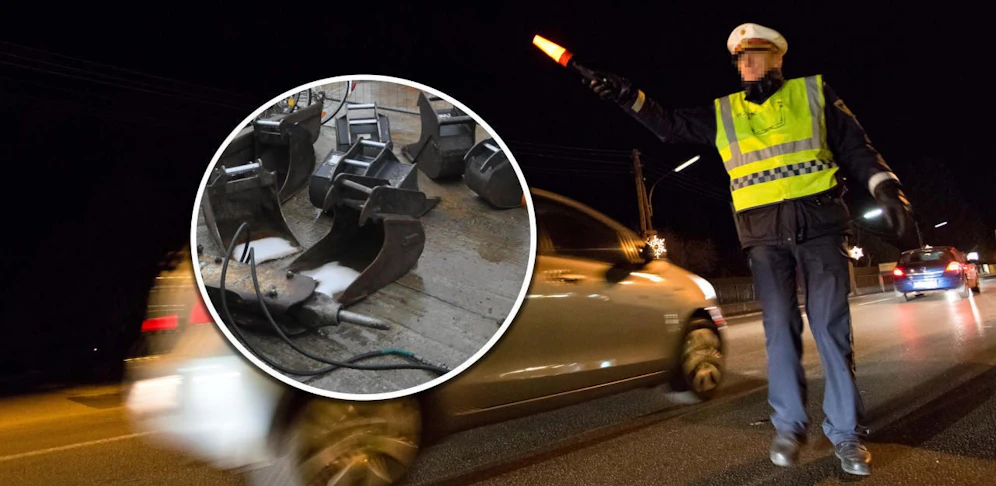 Symbolfoto einer Polizeikontrolle und ein Teil des Diebesguts.
