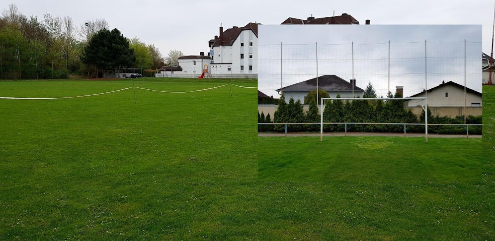 Absperrung des Fußballplatzes in Obersiebenbrunn; kleines Bild: über dieses Tor und den Zaun darf kein Fußball fliegen.