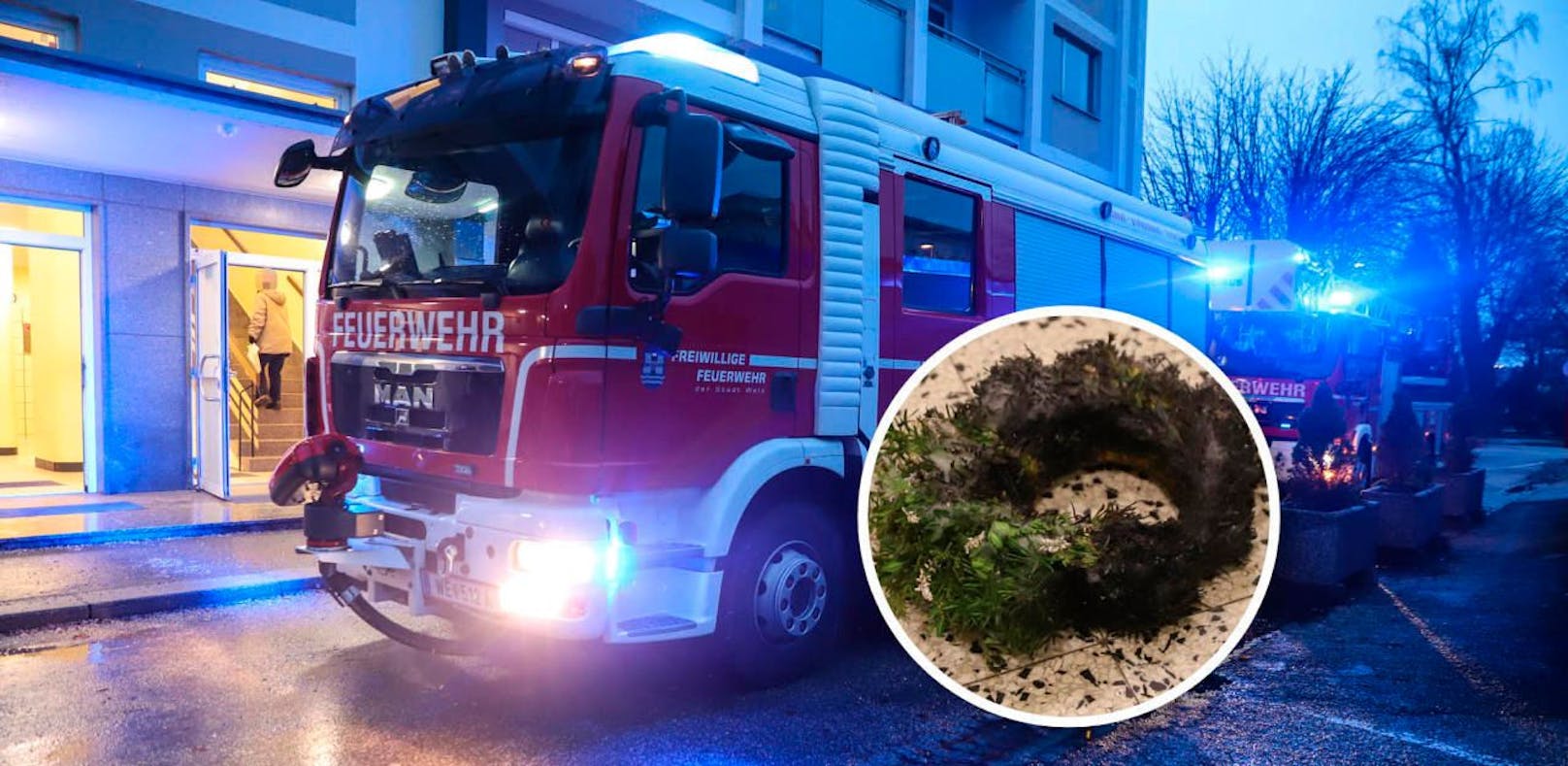 In einem Hochhaus in Wels wurde ein Türkranz in Brand gesetzt. Die Feuerwehr musste Mittwochfrüh zu den Löscharbeiten ausrücken.