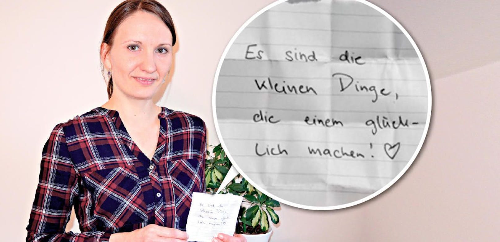 Verena Schwarz zeigt den Zettel mit der Glücksbotschaft. Sie will nun den Verfasser ausfindig machen.