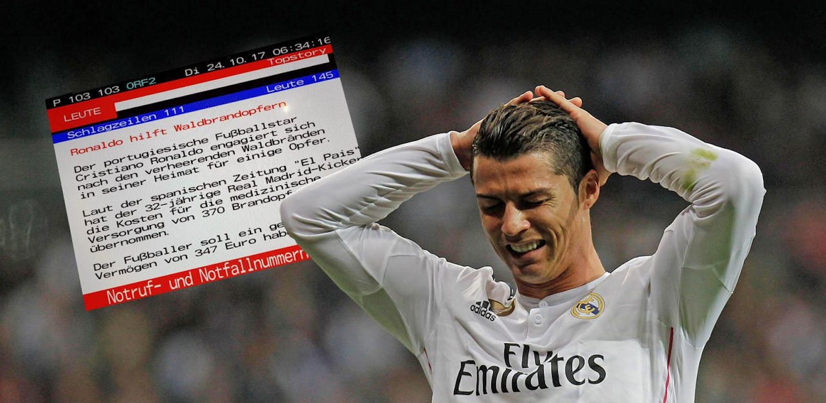 Im Teletext wird Ronaldos Vermögen auf &quot;347 Euro&quot; geschätzt.