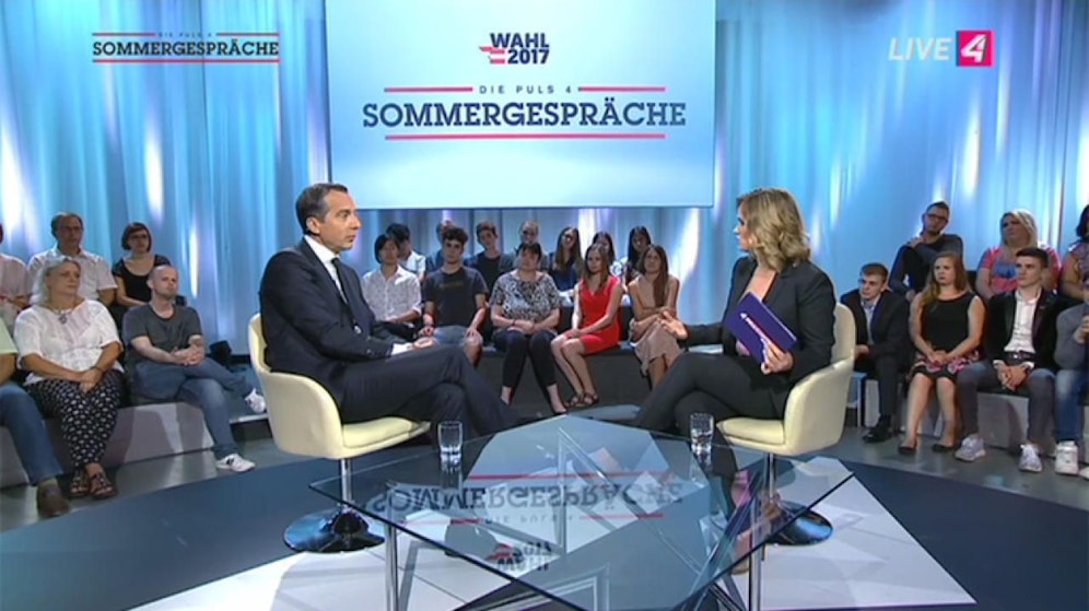 Kanzler Christian Kern im Puls 4-Sommergespräch. Bis zur Wahl ist er in insgesamt 15 Formaten zu Gast.