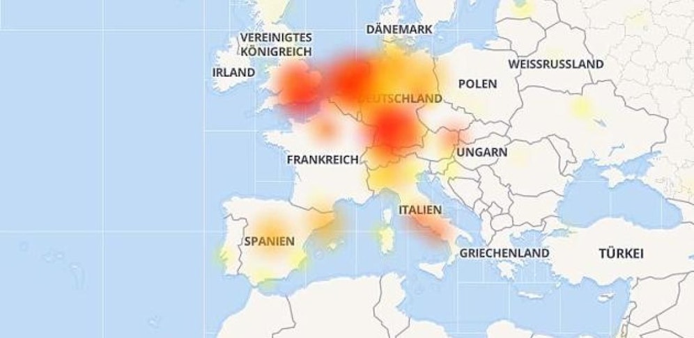 In Europa kam es zu Störungen: Eine Karte des Störungsdiensts allestörungen.at.