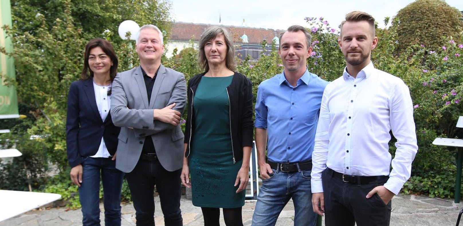 Die fünf Kandidaten sind Marihan Abensperg-Traun, David Ellensohn, Birgit Hebein, Benjamin Kaan und Peter Kraus (v.li.).