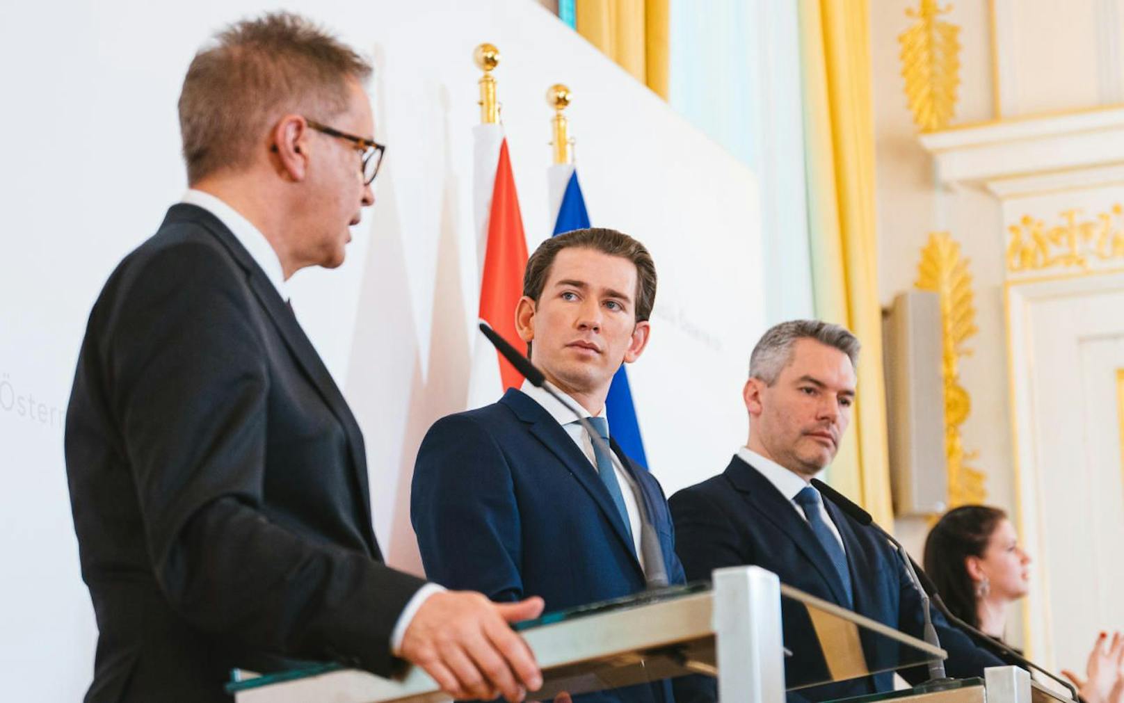  v. l. Gesundheitsminister Rudolf Anschober, Bundeskanzler Sebastian Kurz, Innenminister Karl Nehammer
