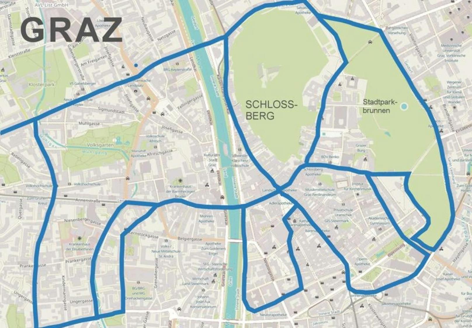 Die Lauf-Route mitten in Graz sieht aus wie ein riesiger Elefant.