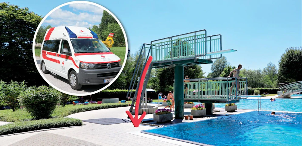 Ein Volksschüler stürzte im Freibad in Lambach von der Leiter des Drei-Meter-Sprungturms.
