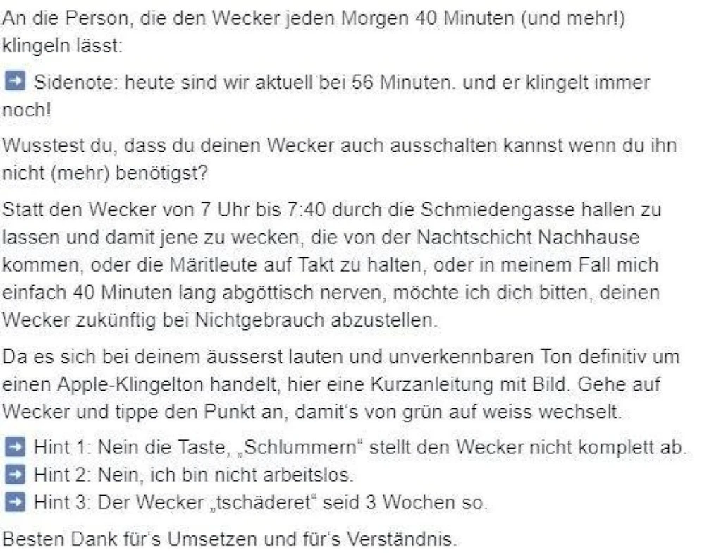 In einem Facebook-Beitrag bittet eine geplagte Nachbarin den Morgenmuffel um Ruhe.