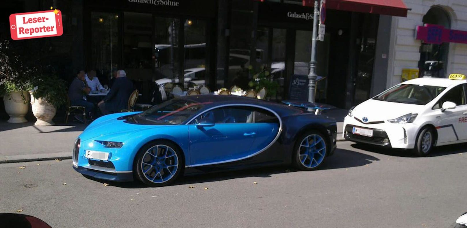Der blau-schwarze Bugatti Chiron aus Frankfurt (Deutschland) stand in der Wiener Innenstadt vor einem Lokal. (Leserreporter Marijan I.)