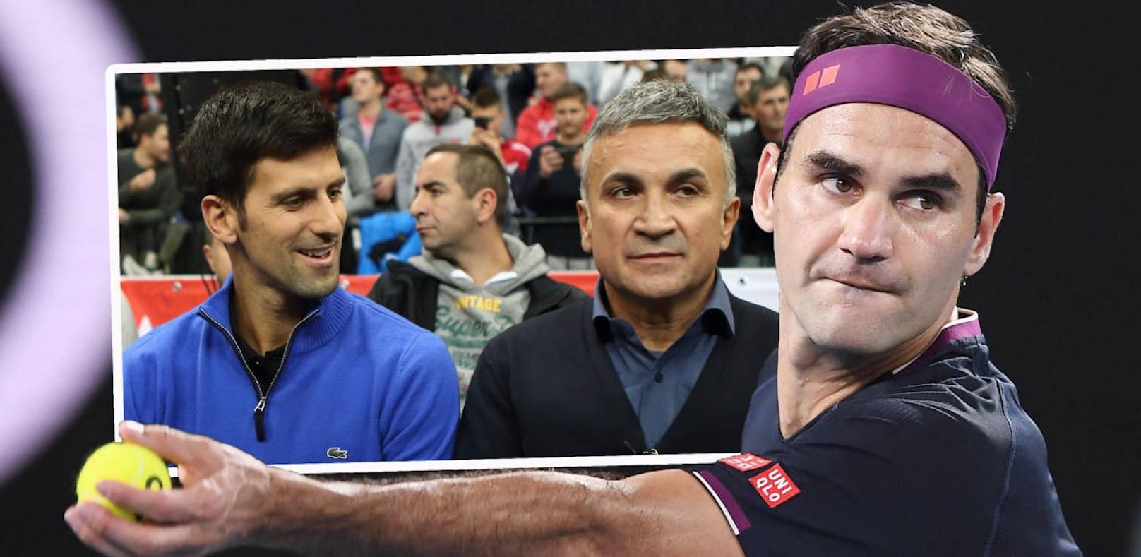 Roger Federer, Novak Djokovic und sein Vater Srdjan
