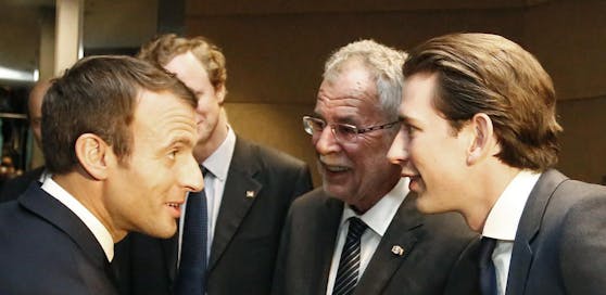(v.l.) Der französische Präsident Emmanuel Macron, BP Alexander van der Bellen und Außenminister Sebastian Kurz im Rahmen einer Sitzung der UNO-Generalversammlung in New York im September 2017.