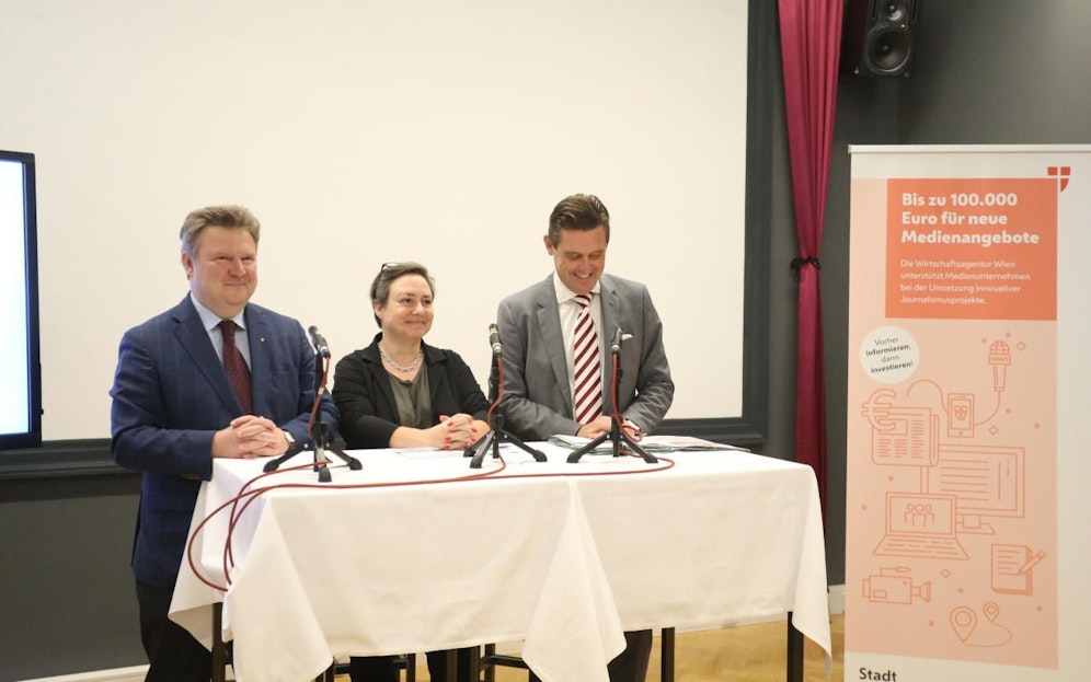 7,5 Mio. Euro für innovative Medienprojekte: (v.l.n.r.: Stadtchef Michael Ludwig, die Generalsekretärin des Presseclub Concordia Daniela Kraus und Medienstadtrat Peter Hanke suche neue Ideen)