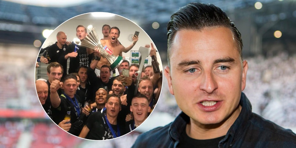 Andreas Gabalier stemmte in der Sturm-Kabine den Pokal (l.).