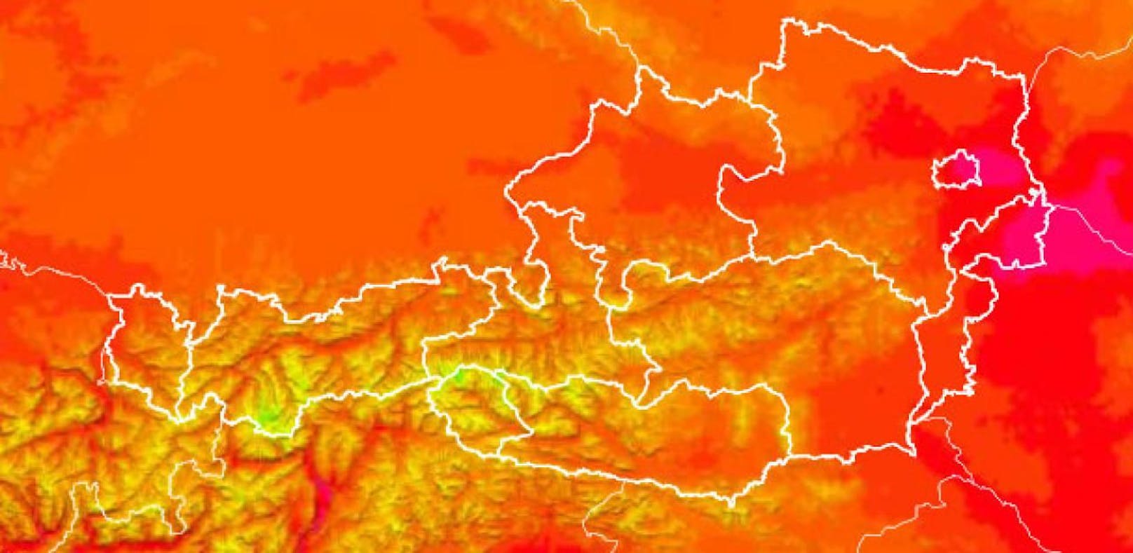 Die Karte zeigt: Die Hitze-Pole um 16.30 Uhr: Österreichs Osten , bis in die Südsteiermark.