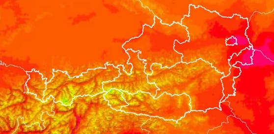 Die Karte zeigt: Die Hitze-Pole um 16.30 Uhr: Österreichs Osten , bis in die Südsteiermark.