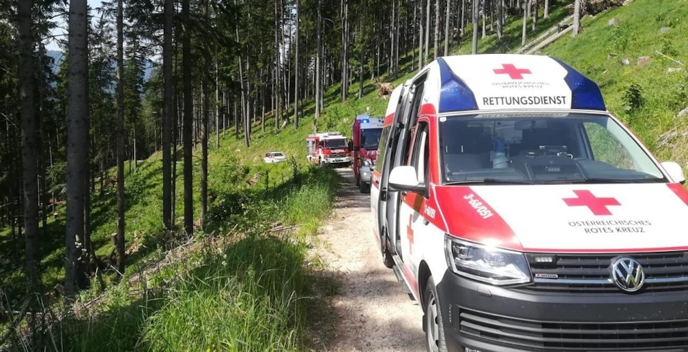 Feuerwehr und Rotes Kreuz im Einsatz nach einem Forstunfall.