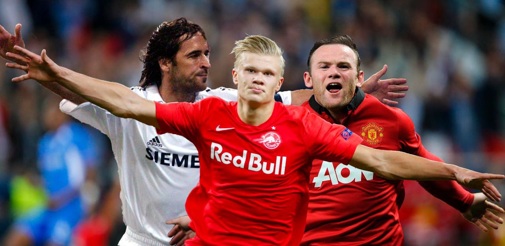 Eerling Haaland ist der neue Superstürmer von Red Bull Salzburg. Links seht ihr Raul in jungen Jahren bei Real, rechts Wayne Rooney bei Manchester United.