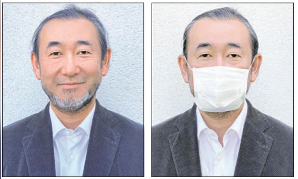 Gastronom Joji Hattori ohne und mit Schutzmaske, geknipst von seiner Frau.