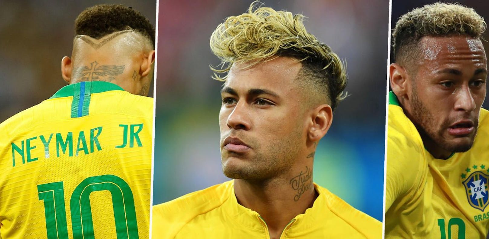 Neymar Jr. experimentierte bei der WM mit seinen Haaren. Der Spaghetti-Look in der Mitte machte gegen die Schweiz den Auftakt. Es folgte die kürzere Locken-Variante in blond gegen Serbien (rechts). Beim Aus gegen Belgien waren die Haare dunkel, hinten war ein Muster einrasiert (links).