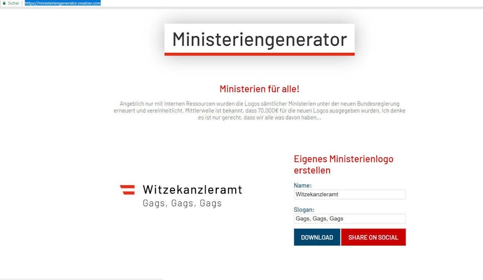 Der Ministeriengenerator erstellt Ministeriumslogos mit gewünschtem Themenbereich.