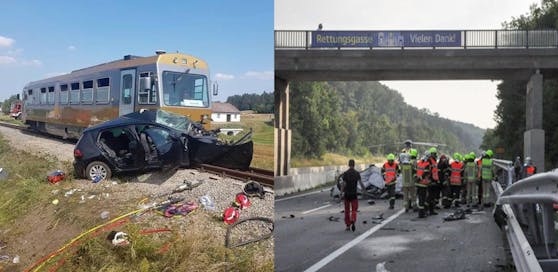 Bei einem Unfall im Waldviertel (li.) kam eine junge Frau ums Leben, auf der A1 bei Pressbaum (re.) ein Familienvater.