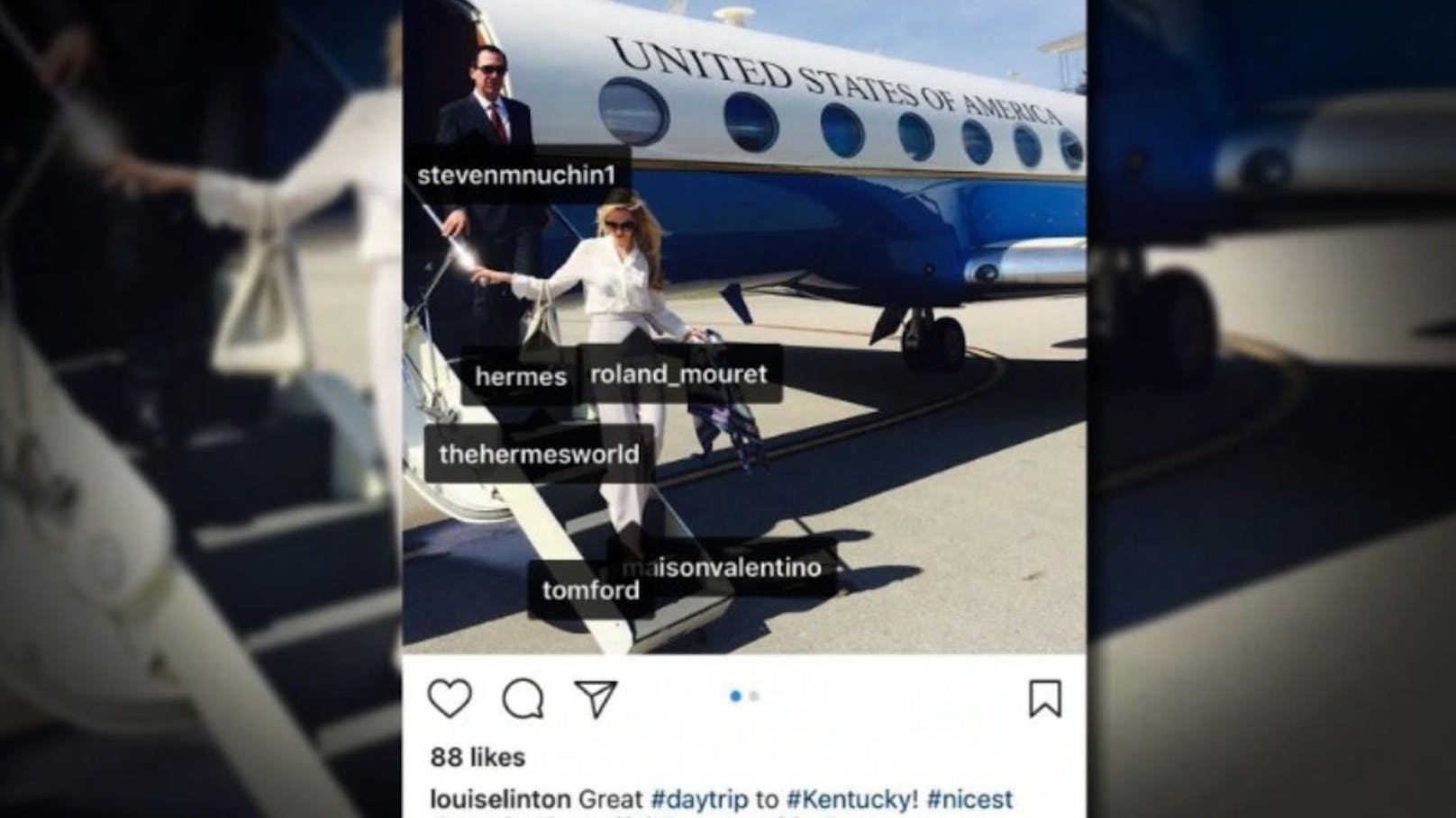 Dumm gelaufen: Louise Linton postet ein Foto von einer Dienstreise und markiert, von welchen Luxus-Designern ihre Ausstattung ist. Folge: Shitstorm! 