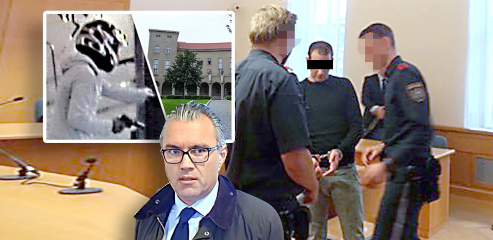 Bankraäuber (li.) und dann bei Prozess (re.); vo.: Anwalt Hofstätter