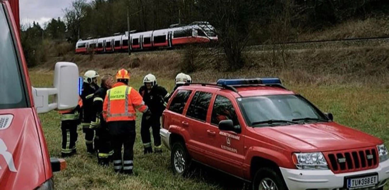 Die Feuerwehr Klosterneuburg evakuiert derzeit den Zug. Ein Baum war in die Oberleitung gekracht und brachte so den Verkehr zum Erliegen.
