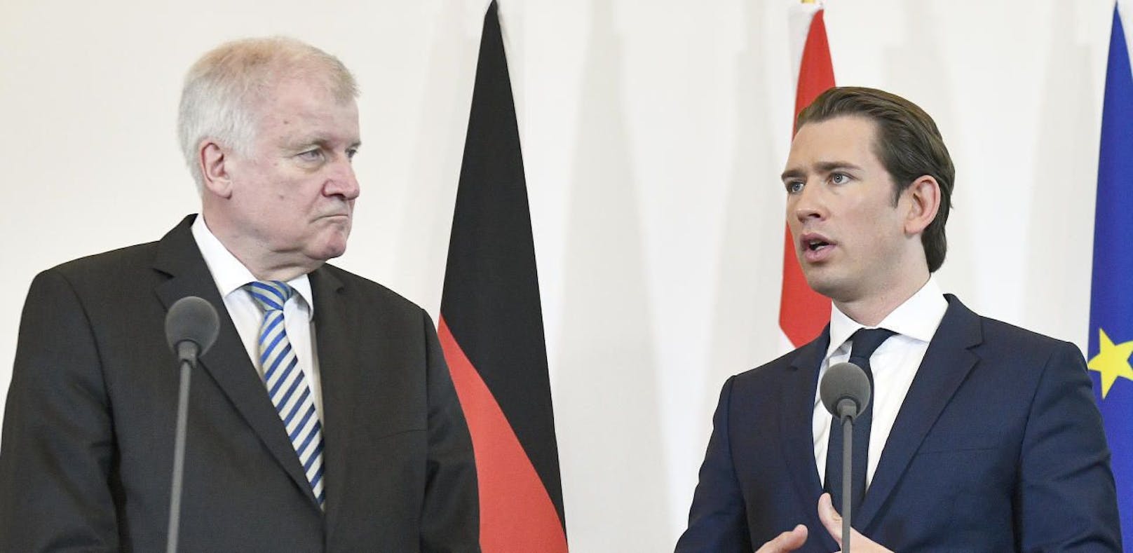 Deutschlands Innenminister Horst Seehofer (CSU) mit dem österreichischen Bundeskanzler Sebastian Kurz (ÖVP) in Wien.