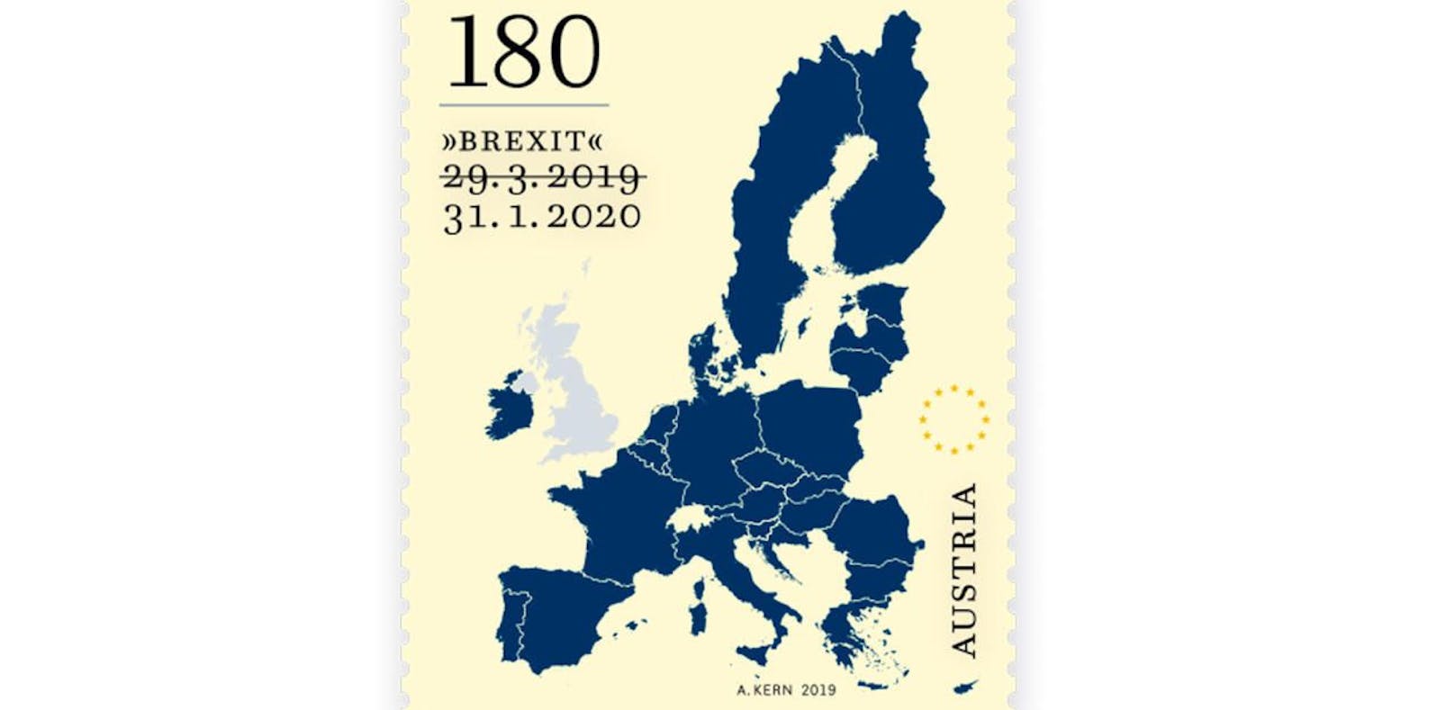 Das bereits gedruckte ursprüngliche Austrittsdatum auf der österreichischen Briefmarke wurde einfach überdruckt.